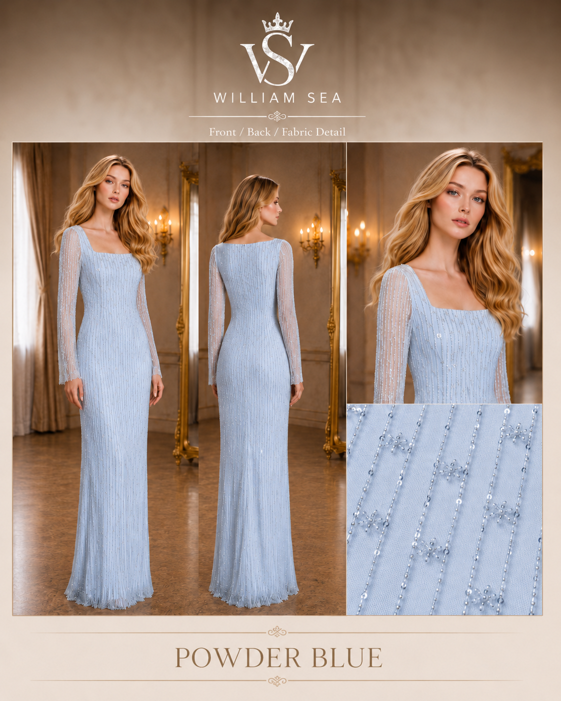 Powder Blue Crystal Fringe Gown