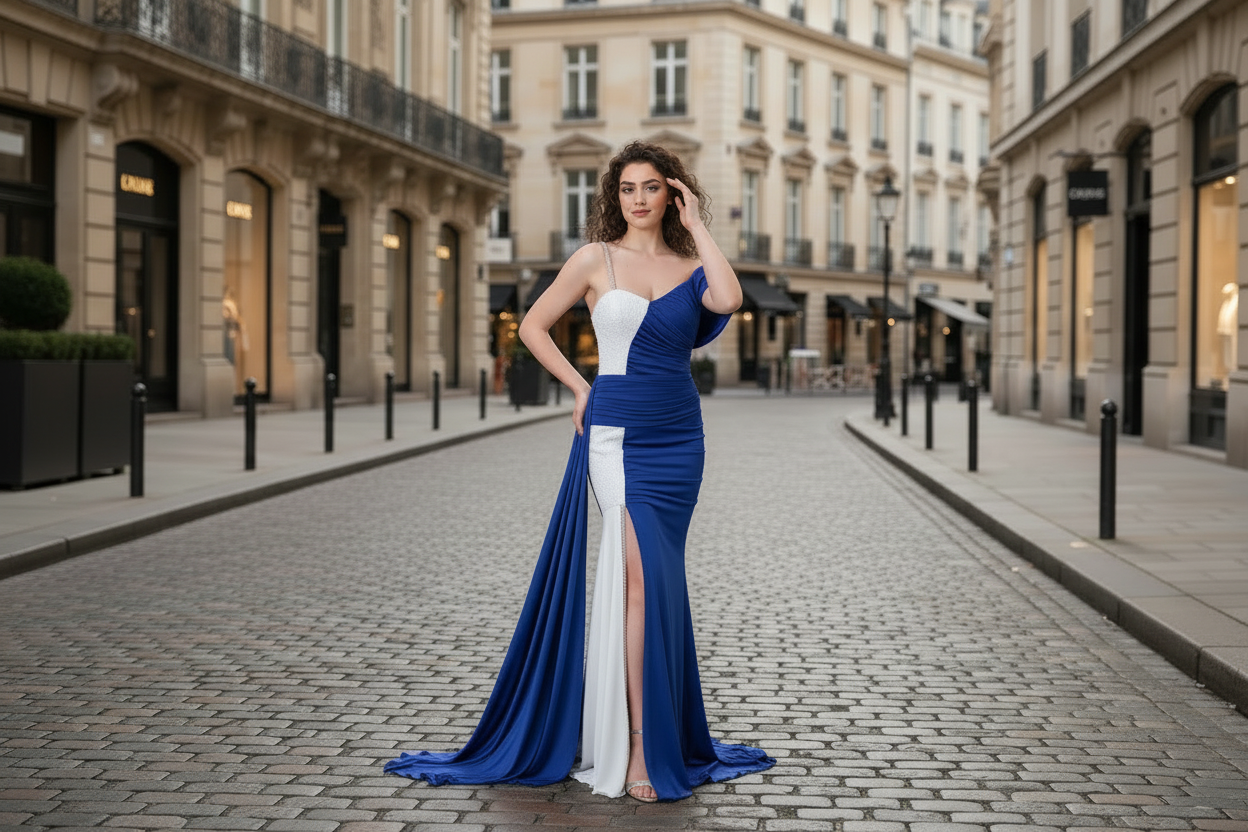 Luxury Color Block Evening Gown - One Shoulder Draped Formal Dress | New Season