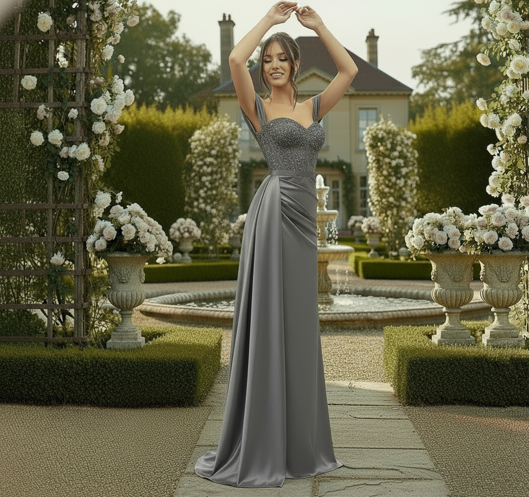 Two women in elegant evening gowns standing in a garden with a fountain.