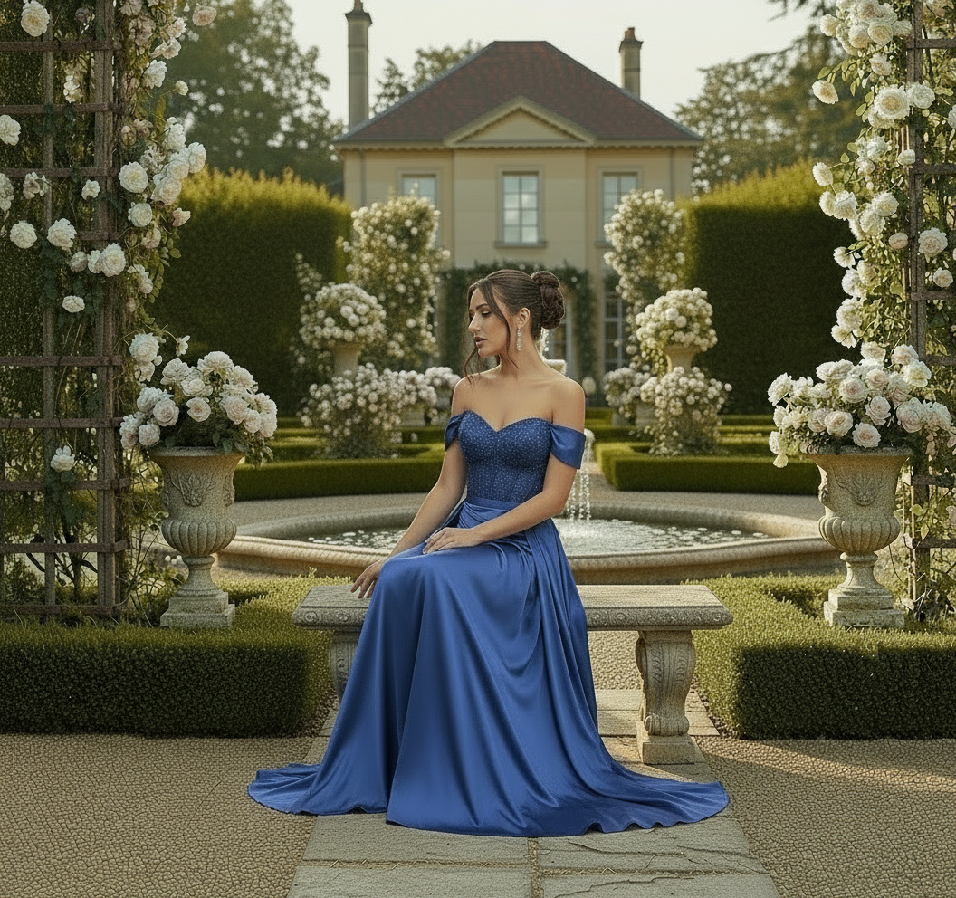 Two women in elegant evening gowns standing in a garden with a fountain.