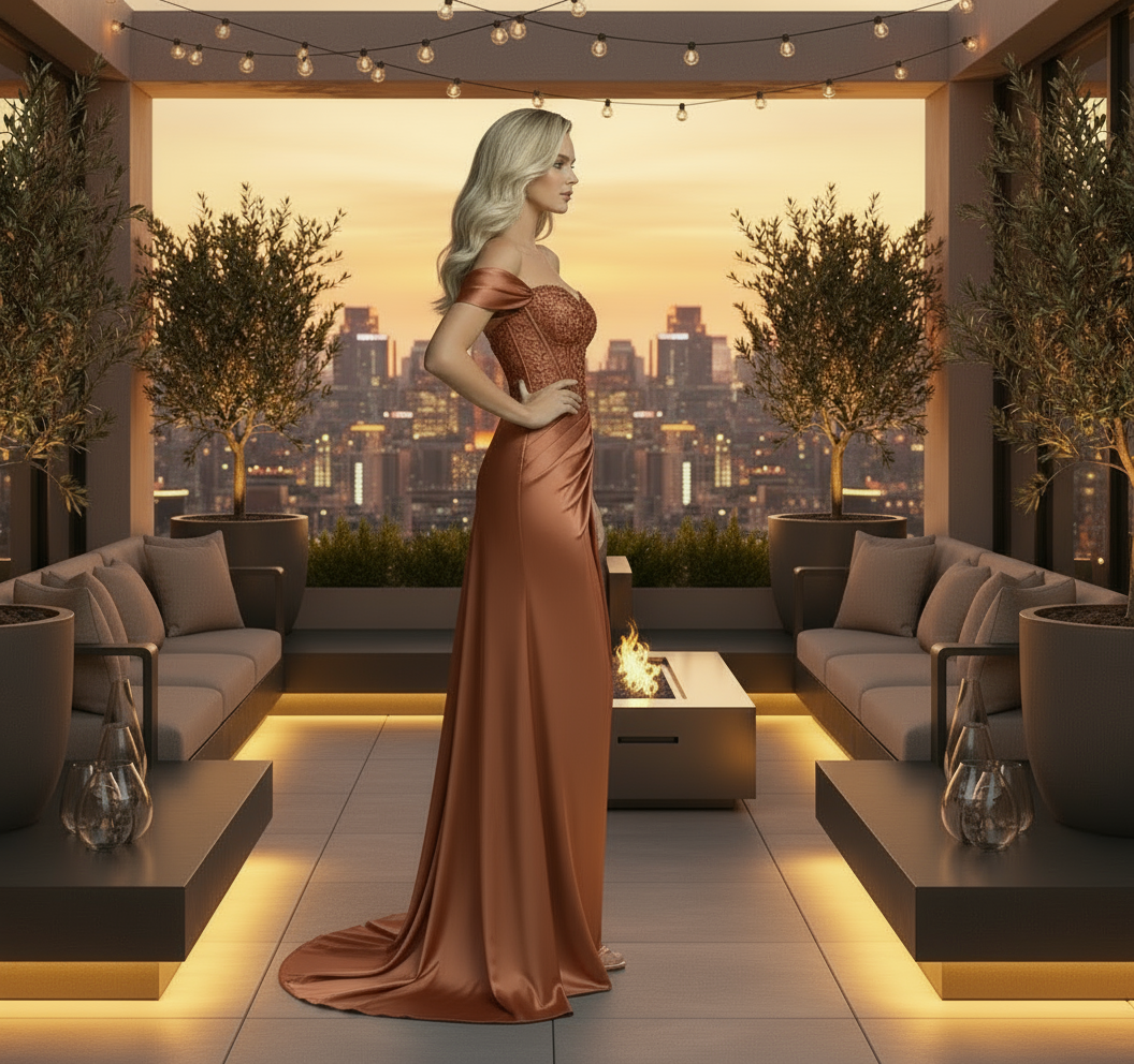 Woman in a long, elegant dress standing on a rooftop with city skyline in the background