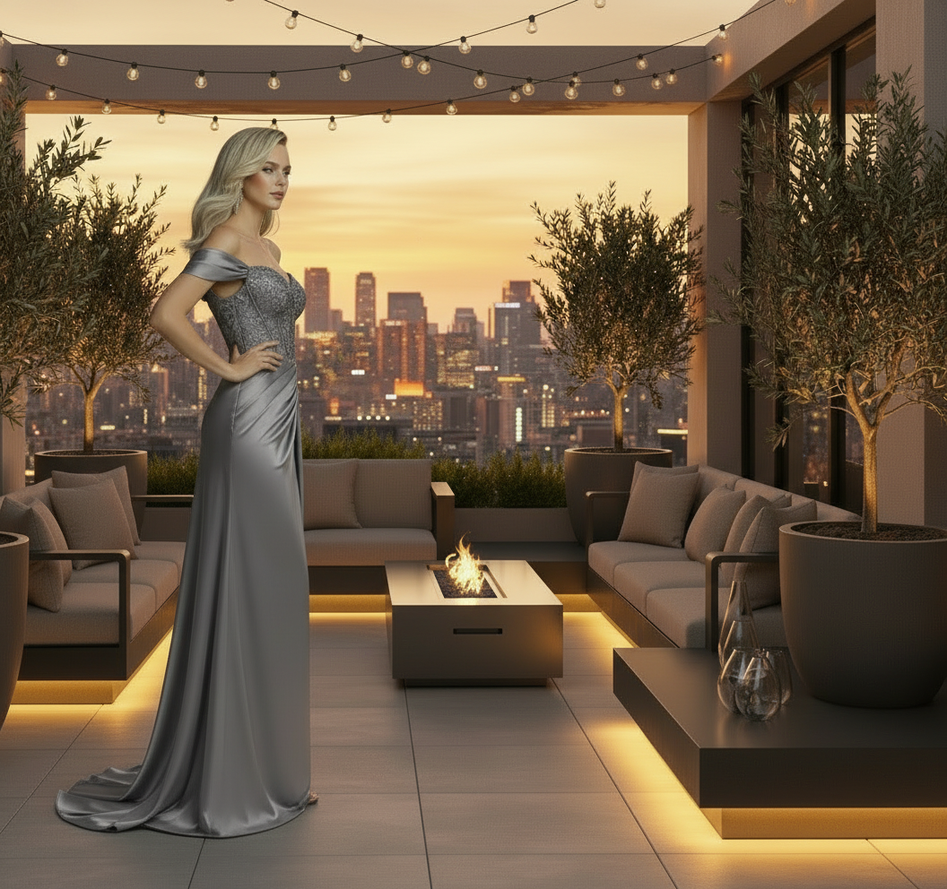 Woman in a silver evening gown standing on a rooftop with city skyline in the background
