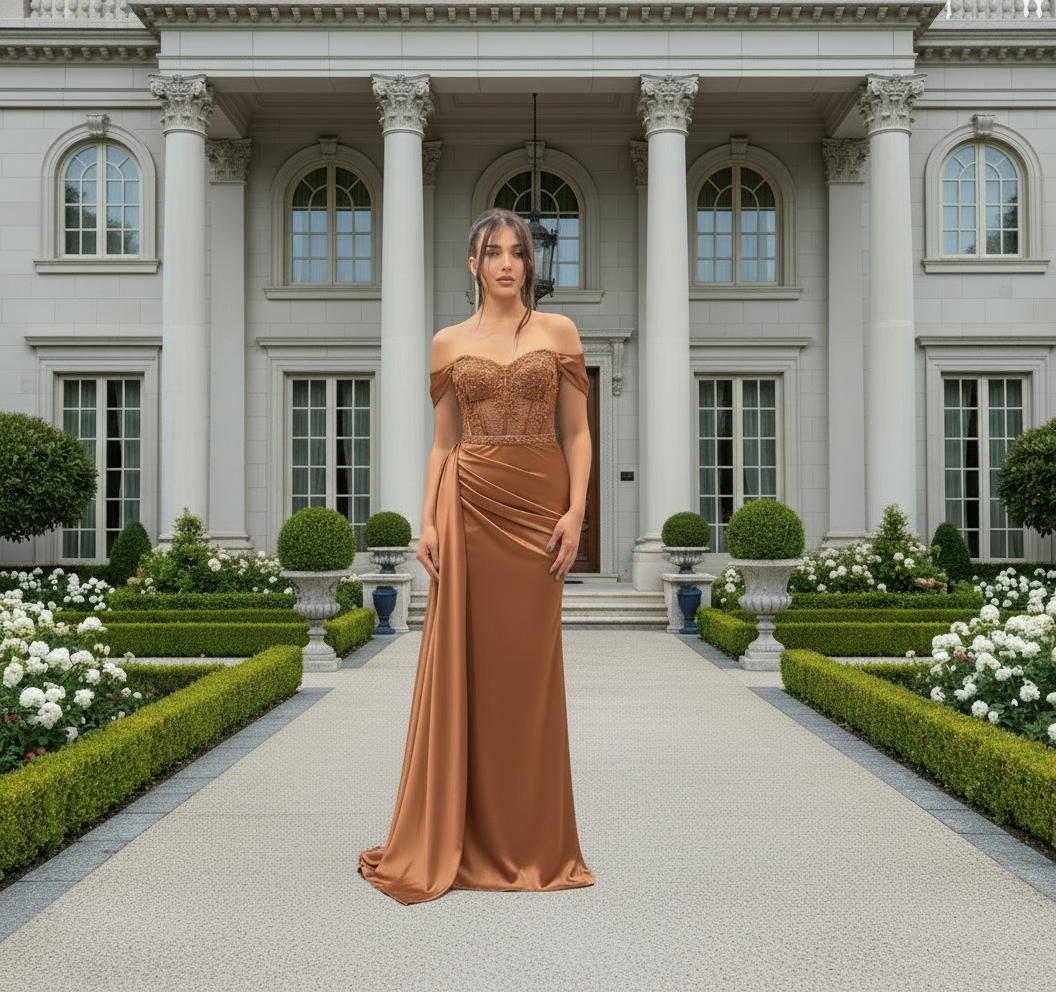 Two women in elegant evening gowns standing in front of a classical building.