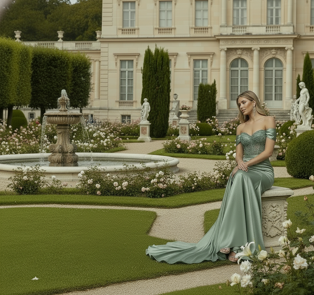 Woman in a green evening gown standing in an elegant room with a chandelier.