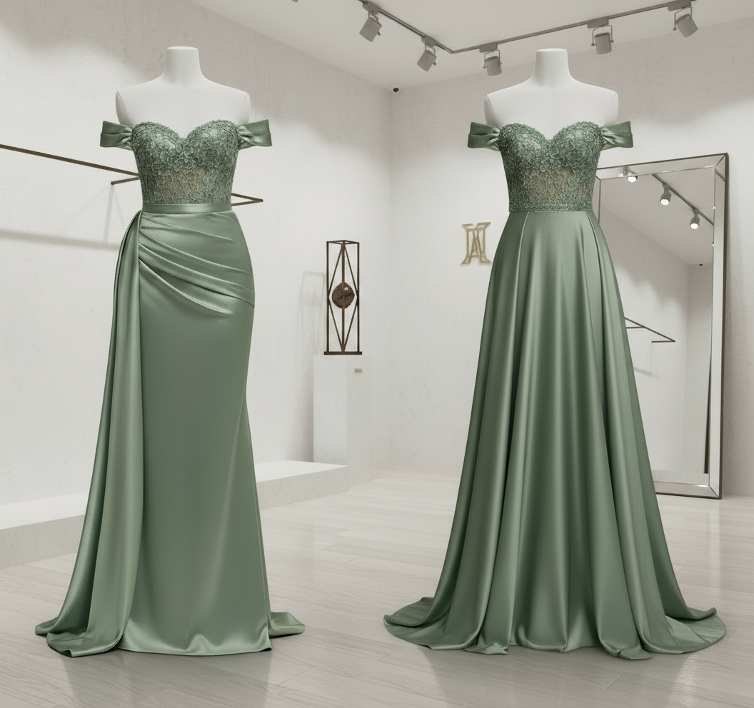 Green evening gown on a mannequin in a showroom setting