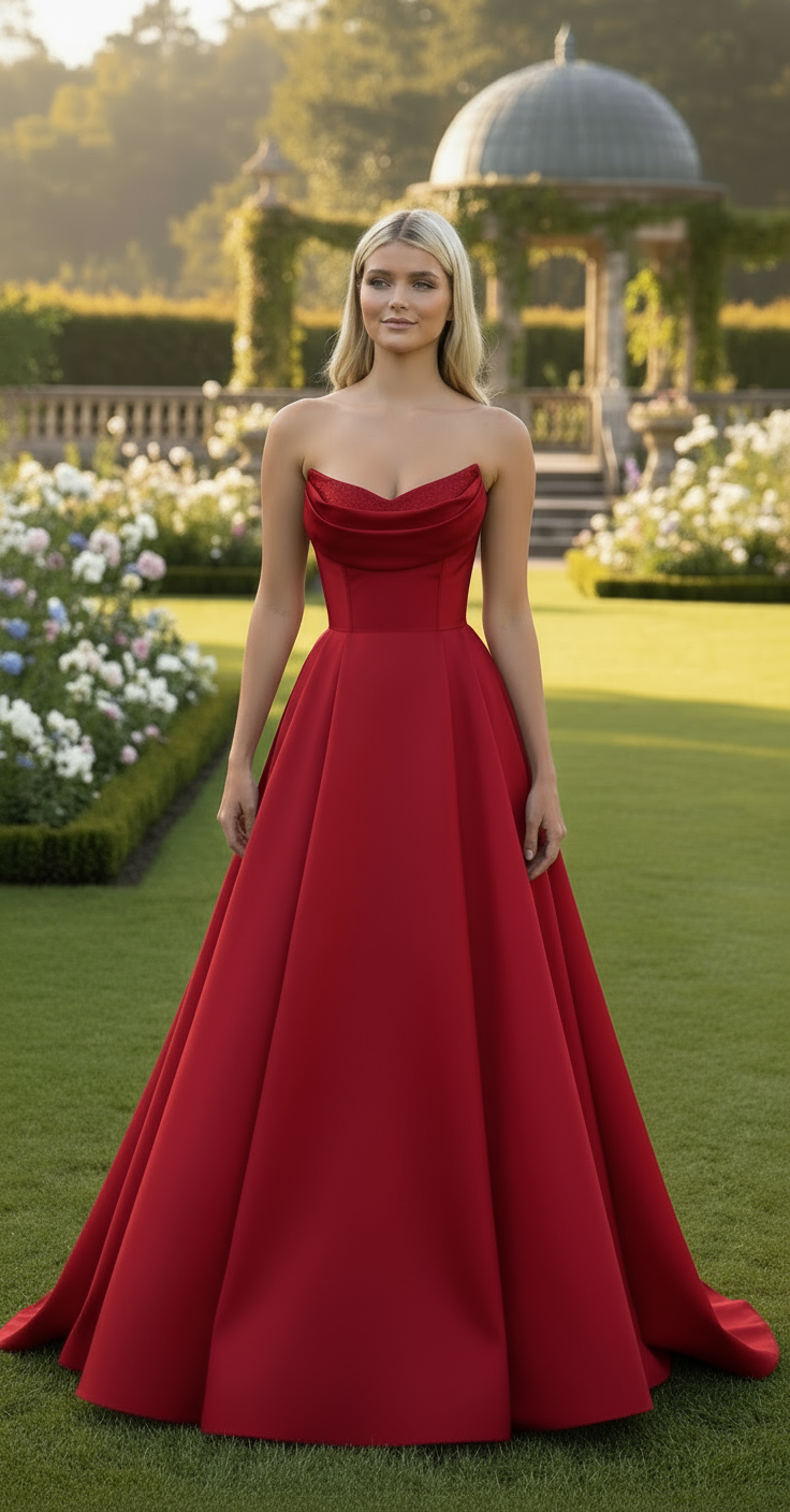 Strapless Draped Satin Evening Gown | Red Pink Royal Blue - Long & Midi