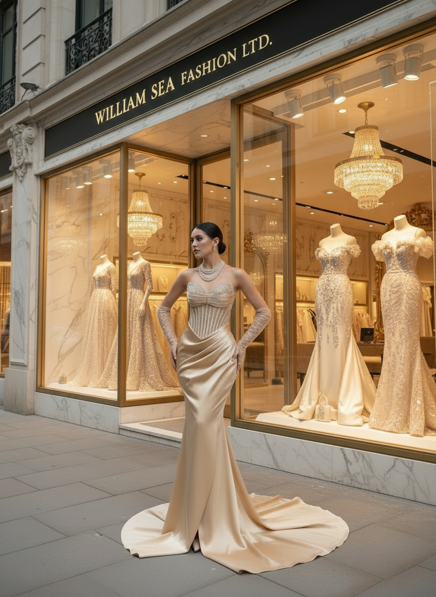 Woman in a beige evening gown standing in front of William Sea Fashion Ltd. store window displaying dresses.