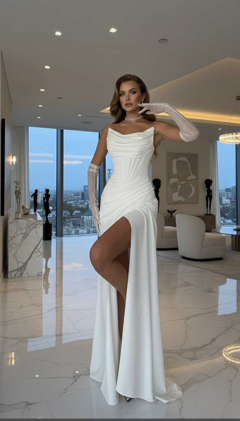 White Cowl Neck Pearl Embellished Satin Evening Gown - Made to Order