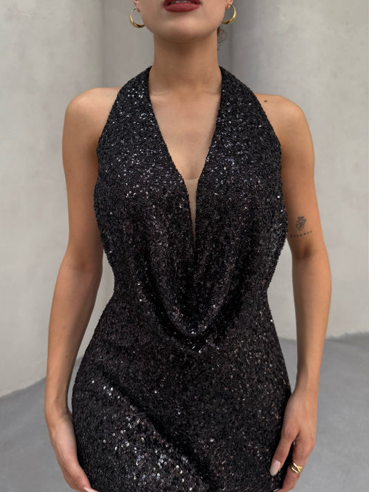 Black Sequin Halter Neck Mermaid Gown - Custom Order
